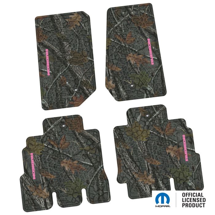 07-13 Jeep JKU 4 Dr Front and Rear -Tire Tread/Scorched Earth Scene w/ Rubicon Insert - Rugged Woods w/ Pink insert