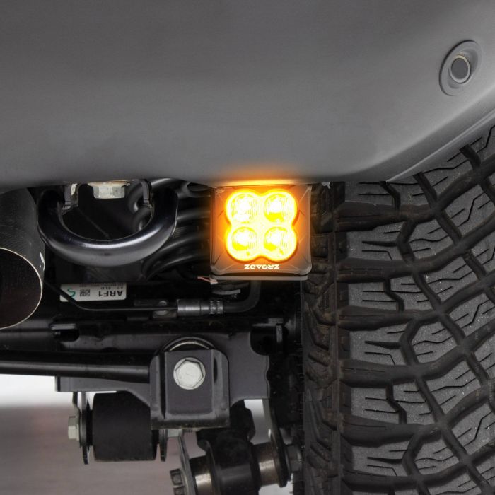 Rear Bumper LED Kit, Black, Mild Steel, Bolt-on, no drilling required, Includes (2) 3 Inch Amber ZROADZ LED Pod Lights and Universal Wiring Harness, Mounts under Rear Bumper