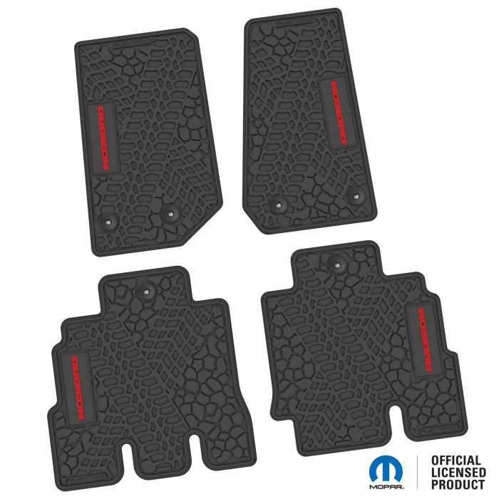 14-18 Jeep JKU 4 Dr Front and Rear -Tire Tread/Scorched Earth Scene w/ Rubicon Insert - Black w/ Red Insert