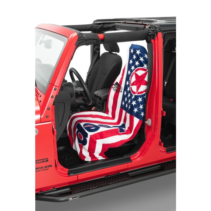 TOWEL2GO – Beach and carseat towel protector, 100% Cotton Terry velour, with Licensed Jeep Logo and 250 yr anniversary logo