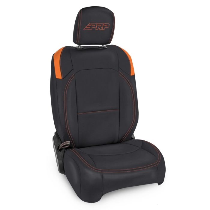 Front Seat Covers for Jeep Wrangler JLU, 4 door; Jeep Gladiator JT; with Pocket Back (Pair) - Black and Orange