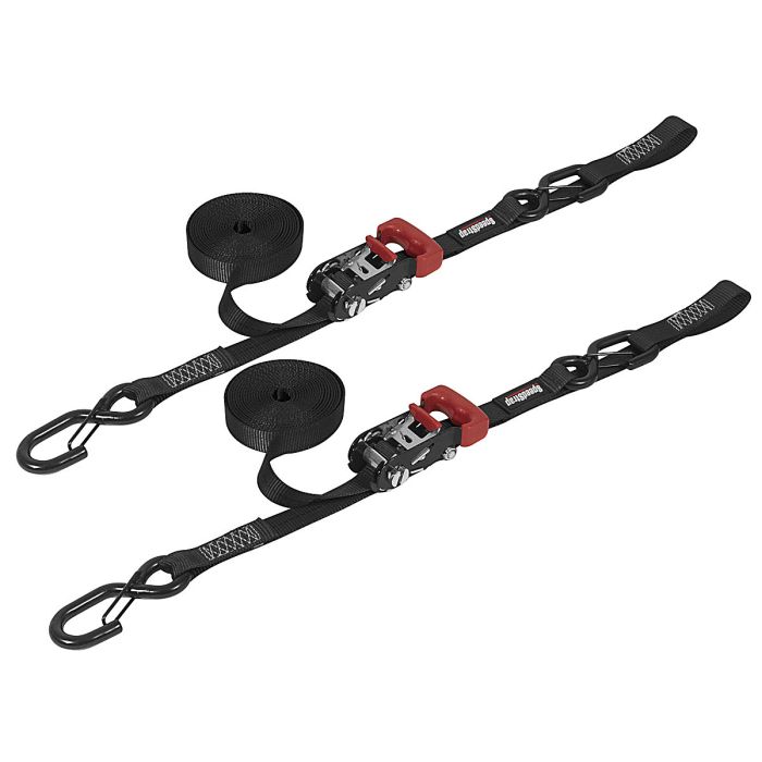 1" x 15' Ratchet Tie Down w/ Snap 'S' Hooks and Soft Tie (2 Pack) - Black