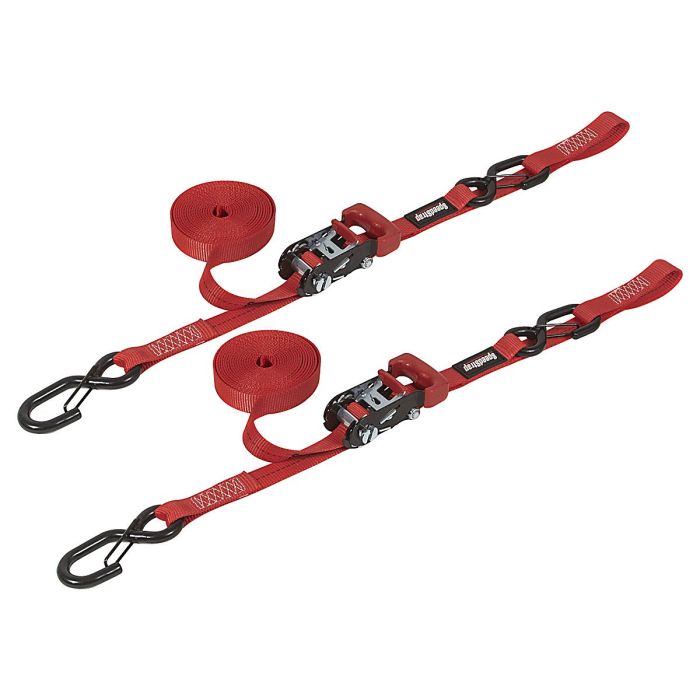 1" x 15' Ratchet Tie Down w/ Snap 'S' Hooks and Soft Tie (2 Pack) - Red