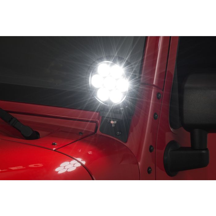 Quadratec  6" Round LED Lights with Wiring Harness & Windshield Mount Brackets for 07-18 Jeep Wrangler JK