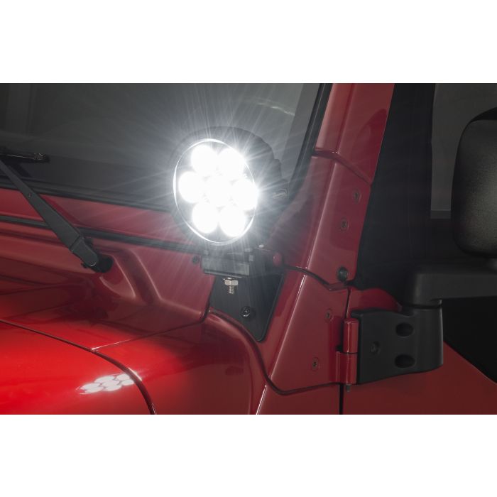 Quadratec  6" Round LED Lights with Wiring Harness & Windshield Mount Brackets for 97-06 Jeep Wrangler TJ & Unlimited