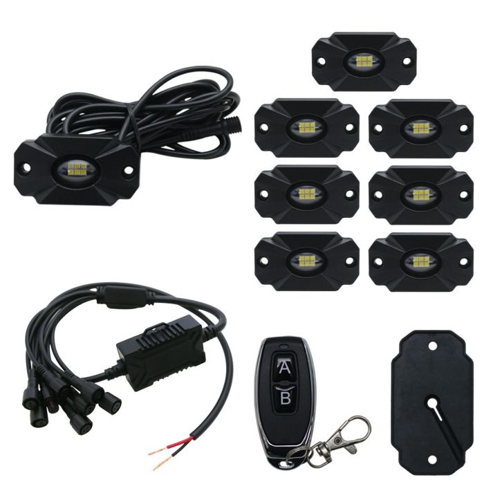 JEEP 8pc Ultra Bright White 10000 Lumen LED Rock Light Crawler Kit with Seven Fade and Strobe Patterns Race Sport Lighting