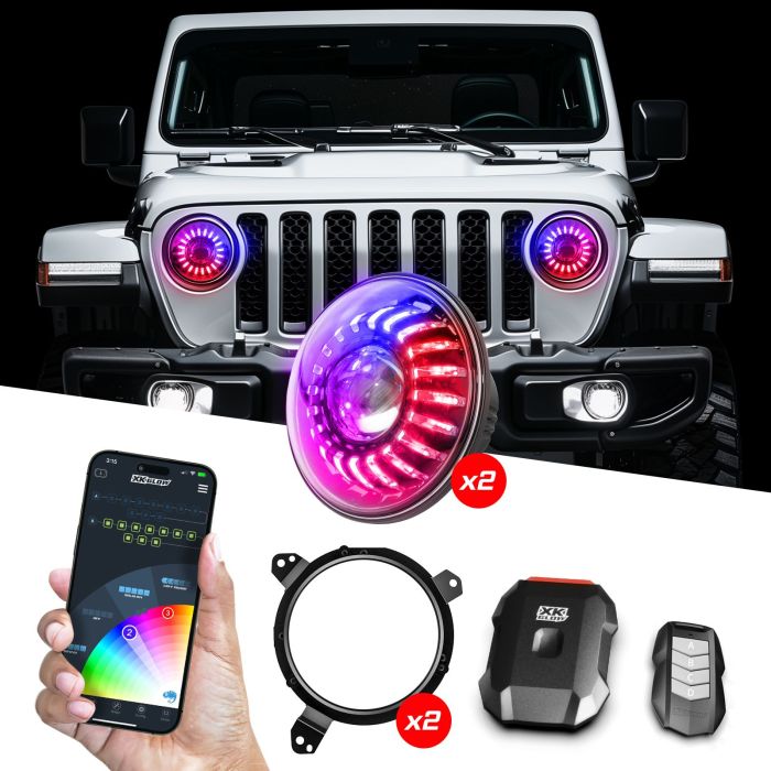 XKGLOW MX-7IN-JP-KIT-JL 7" Headlight XKmax RGBW 19-Pres Kit with Mounting Brackets & App Control 2pc for 19-26 Jeep Wrangler JL & Gladiator JT