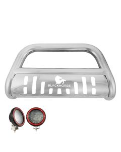 Black Horse Stainless Steel Bull Bar Kit a set of 5.3” Red Round Flood LED Lights 18-23 JL/JT