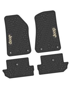 FlexTread  Tire Tread/Scorched Earth Scene Front & Rear Floor Liners with JEEP Logo for 18-24 Jeep Wrangler JL 2-Door