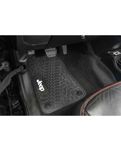 FlexTread  Tire Tread/Scorched Earth Scene Front & Rear Floor Liners with JEEP Logo for 18-24 Jeep Wrangler JL Unlimited 4-Door