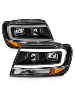 CRYSTAL HEADLIGHTS W/ LIGHT BAR BLACK HOUSING 99-04 GRAND CHEROKEE