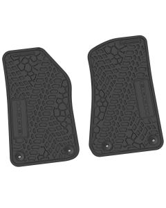 FlexTread  Tire Tread/Scorched Earth Scene Front Liners with MOAB Logo for 18-24 Jeep Wrangler JL and Gladiator JT