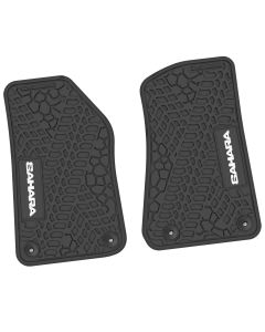 FlexTread  Tire Tread/Scorched Earth Scene Front Floor Liners with SAHARA Logo for 18-24 Jeep Wrangler JL & Gladiator JT