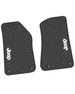 FlexTread  Tire Tread/Scorched Earth Scene Front Floor Liners with JEEP Logo for 18-24 Jeep Wrangler JL & Gladiator JT