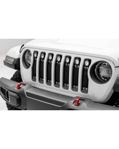 T-Rex 6314931 Torch Series Black Mesh Grille with Chrome Studs and (7) 2" Round LED Lights for 18-19 Jeep Wrangler JL