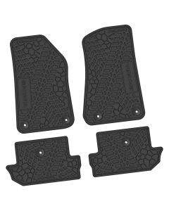 FlexTread  Tire Tread/Scorched Earth Scene Front & Rear Floor Liners with SAHARA Logo for 18-24 Jeep Wrangler JL 2-Door