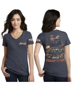 Jeep Merchandise  Ladies Freedom to Roam V-Neck T-Shirt in Navy Blue  