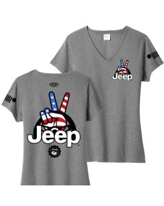 Jeep Merchandise  Ladies Jeep Wave USA V-Neck T-Shirt in Heather Grey  