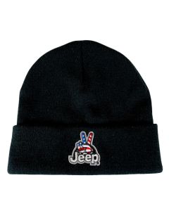 Jeep Merchandise KH-JWaveUSA-Blk Jeep Wave USA Patch Flip Knit Beanie Hat in Black 