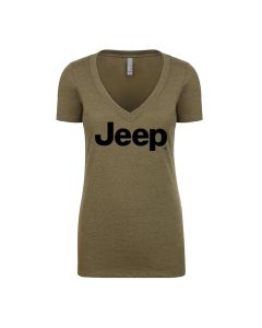 Jeep Merchandise  Women's Jeep Logo Short Sleeve V-Neck T-Shirt in Military Green 