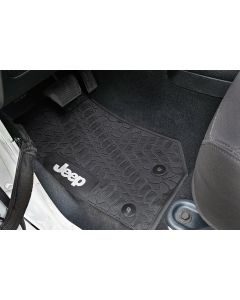 FlexTread  Tire Tread/Scorched Earth Scene Front & Rear Floor Liners with JEEP Logo for 07-18 Jeep Wrangler JK Unlimited 4-Door