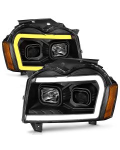 PROJECTOR HEADLIGHTS W/ LIGHT BAR SWITCHBACK BLACK HOUSING 05-07 GRAND CHEROKEE
