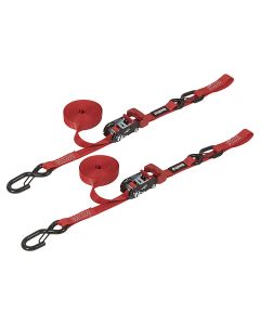 1" x 15' Ratchet Tie Down w/ Snap 'S' Hooks and Soft Tie (2 Pack) - Red